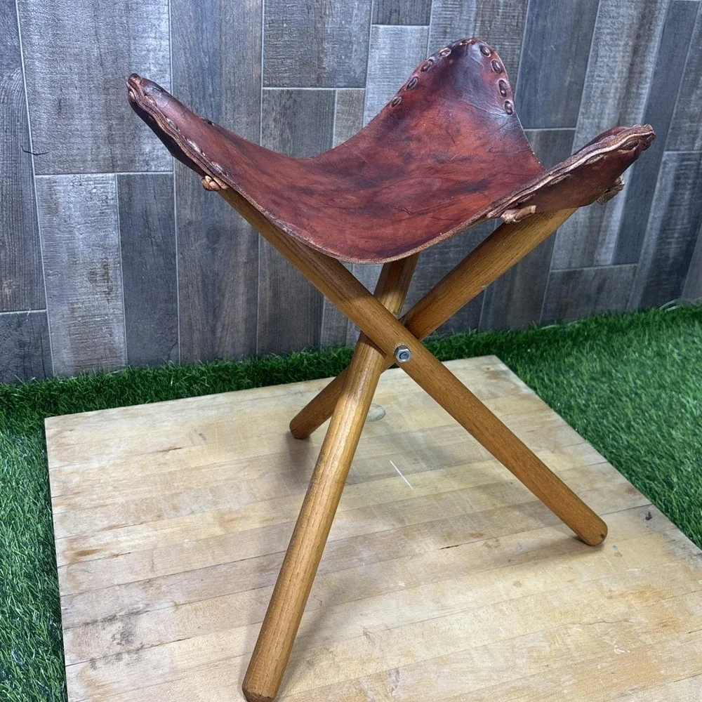 Vintage 1950s Teak Leather Folding Tripod Footstool Ottoman Safari Decor